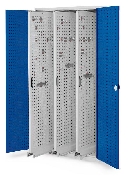 Kappes RasterPlan Vertikalschrank Modell 85, 1950 x 1000 x 600 mm, RAL 7035/5010, Lochplattentür, 3 Auszüge Lochplatten, 1467.01.3016