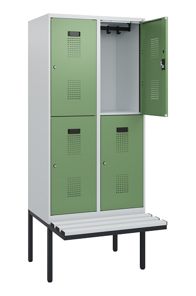 C+P Doppelstock-Spind Evolo PLUS, Bank, 4 Fächer, 1950x800x815mm, 7035/6011, Zylinderschloss, Sitzfläche Kunststoff, 0493405-22 S10145