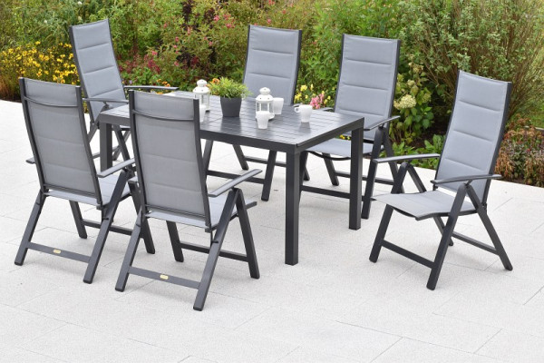 Merxx 7-teilig Florenz Set, 6 Florenz Klappsessel, Rückenlehne verstellbar, Graphit/grau, 1 Ausziehtisch 150 (200) x 90 cm, 51023-309