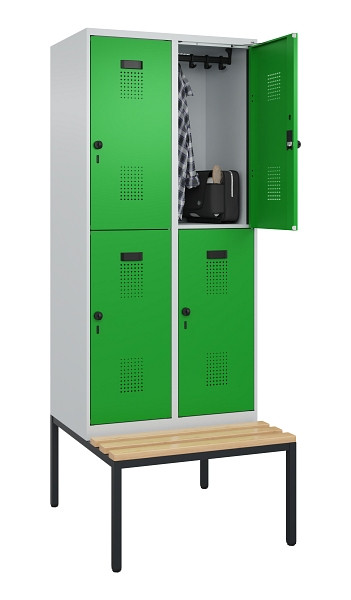 C+P Doppelstock-Spind Evolo PLUS, Bank, 4 Fächer, 2120x800x815mm, 7035/6037, Drehriegel, Sitzfläche Buche-Hartholz, Sitzbank, 0493507-22 S10011