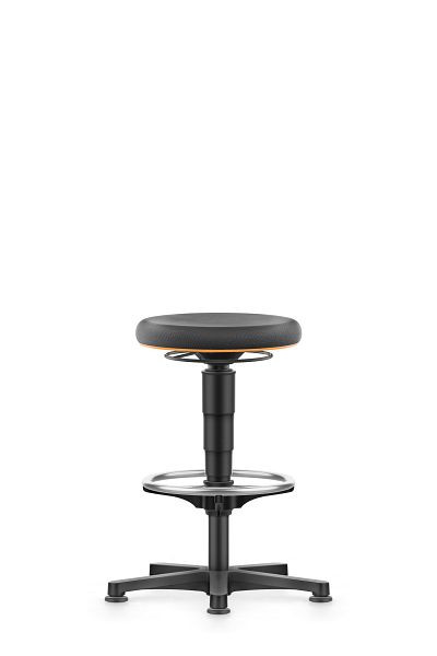 bimos Allround Hocker mit Gleiter und Fußring, Supertec schwarz, Sitzhöhe 560-830 mm, Farbring orange, 9461-SP01-3279