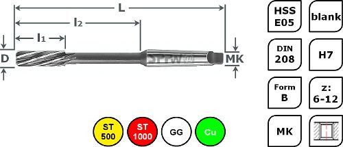 SPPW Maschinenreibahle HSS-E05 DIN208 B L: 182x116x44 Ø12 H7, 1131901200