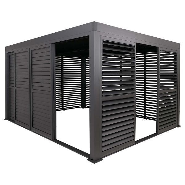 Mendler Alu Pergola HWC-L46, Pavillon Terrassenüberdachung, 7x Lamellenpaneel 7x Schiebetüren, 11cm-Gestell, 3x4m, anthrazit, 164995