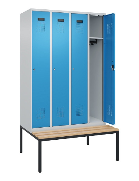 C+P Spind Evolo PLUS, 4 Abteile, 2120x1200x815mm, 7035/5012, Haken 3, Zylinderschloss, Sitzfläche Buche-Hartholz, Sitzbank, 0490507-40 S10034