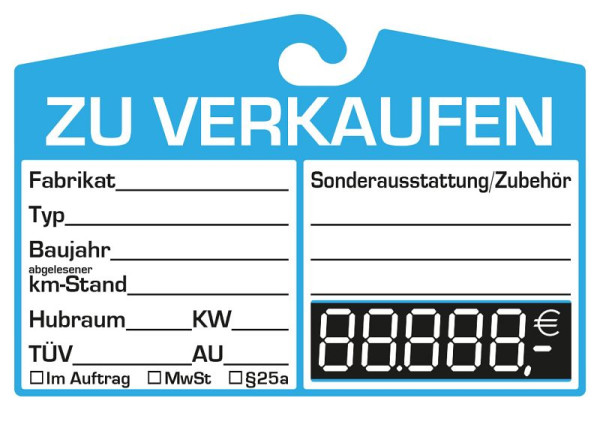 Eichner Verkaufsschild zur Befestigung am Innenspiegel, Blau, Preisfeld: digital, VE: 25 Stück, 9220-00102