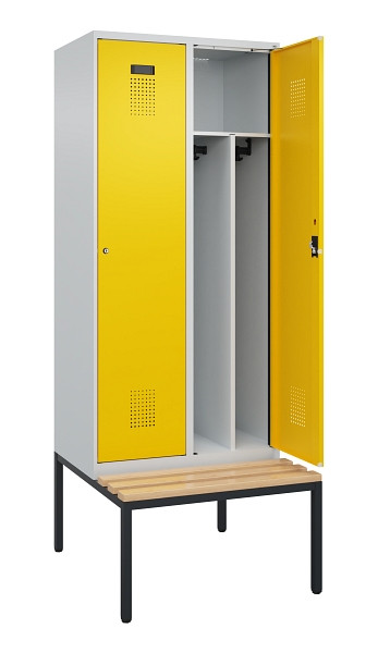 C+P Spind Evolo PLUS, 2 Abteile, 2120x800x815mm, 7035/1023, Haken 4, Zylinderschloss, Sitzfläche Buche-Hartholz, Sitzbank, Trennwand, 0490507-22F S10028