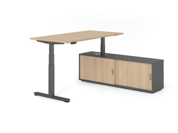 Hammerbacher Schreibtisch XDSM16, 160x80cm, Platte: Eiche, T-Fuß Gestell Graphit, Höhe: 63 - 127 cm, Graphit / Eiche, VXDSM16SB/E/G/G/E