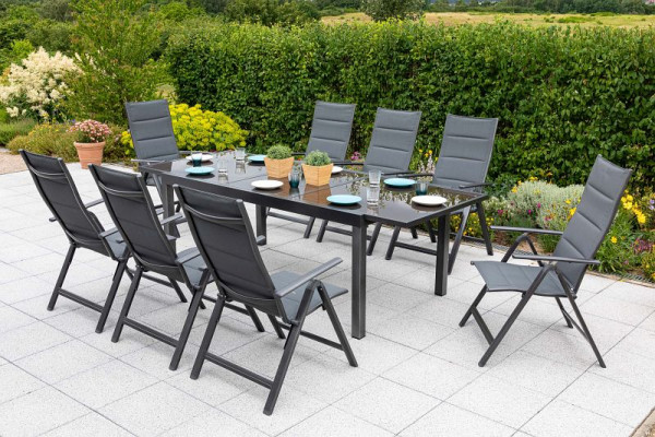 Merxx Taviano Set 9-teilig, 8 Klappsessel, gepadded, 1 Ausziehtisch, 160 (220) x 90 cm, graphit/grau, Aluminiumgestell mit Textilbespannung, 50260-207