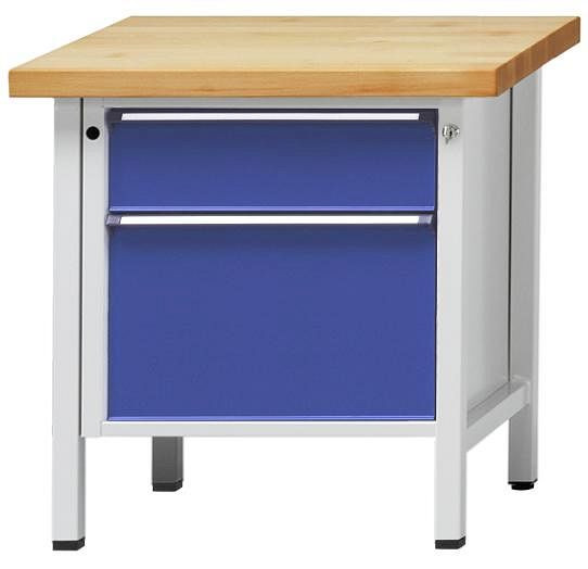 ANKE Werkbänke Kastenwerkbank; 800 x 700 x 890 mm; RAL 7035/5010; Buche-Massiv-Platte 40 mm; 2 Schubladen 180, 360 mm, 302.033