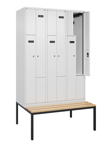 C+P Z-Spind Evolo PLUS, Bank, 6 Fächer, 2120x1200x815mm, 9016/9016, Zylinderschloss, Sitzfläche Buche-Hartholz, Sitzbank, 0490537-326 S10047