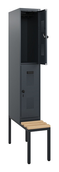 C+P Doppelstöckiger Spind Evolo PLUS, Bank, 2 Fächer, 1950x300x815mm, 7016/7016, Drehriegel, Sitzfläche Buche-Hartholz, Sitzbank, 0493505-10 S10016