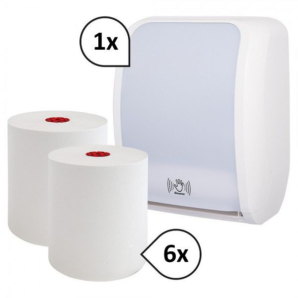 Blanc Hygienic SET: Handtuchrollenspender SENSOR, berührungslos, Blanc Cosmos + 6 Handtuchrollen PREMIUM TAD, Farbe: weiß, PS-htz100-FS-4050W