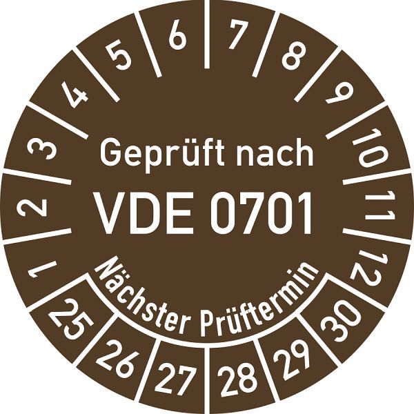 Moedel Prüfplakette VDE 0701 Nächster Prüftermin, 2025-2030, Folie, Ø 30mm, VE: 10 Stück/Bogen, 108562