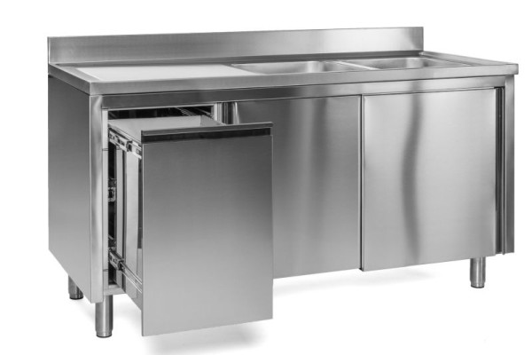 A&S Gastro Spülschrank mit Abfallbehälter, 2 Becken rechts, Bautiefe 700 mm, 140x700x850 mm, SPSCH1472BR-A