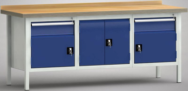 KLW Profi-Werkbank - 700 x 700 x 905 mm L x T x H (ERGO-Version), links & rechts 150EA/Tür, mittig 2-türiger Schrank, WP239E-2000M45-E7020