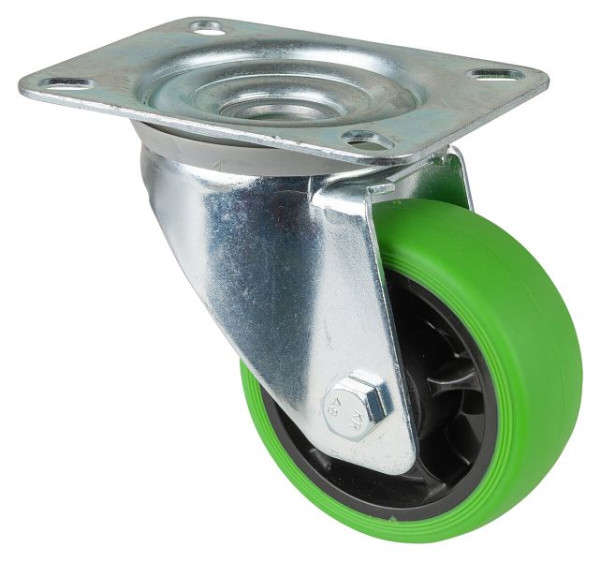 BS Rollen Transportrolle Lenkrolle, thermoplastisches Gummirad, Reifen grün, Rollenlager, Platte, Durchmesser: 80 mm, VE: 4 Stück, L400.B44.081.04