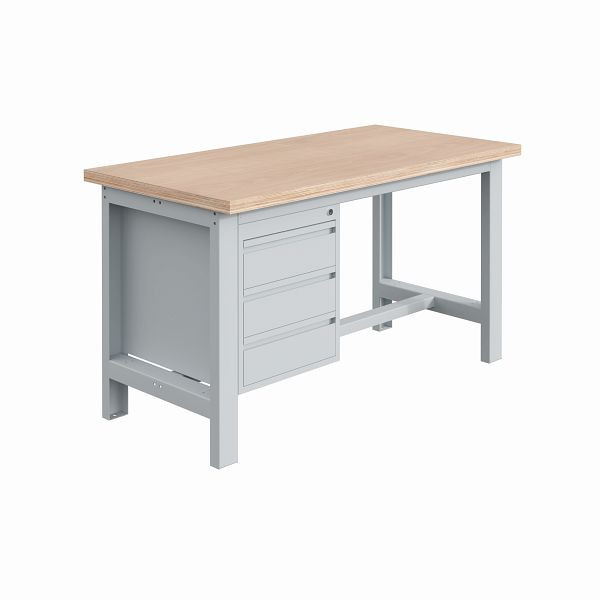 SOFAME SI Werkbank, B 2000 x T 750 x H 840mm, Multiplex-Arbeitsplatte 40 mm mit Unterbau 3 Schubladen H150mm, Lichtgrau RAL 7035, W010010698GC