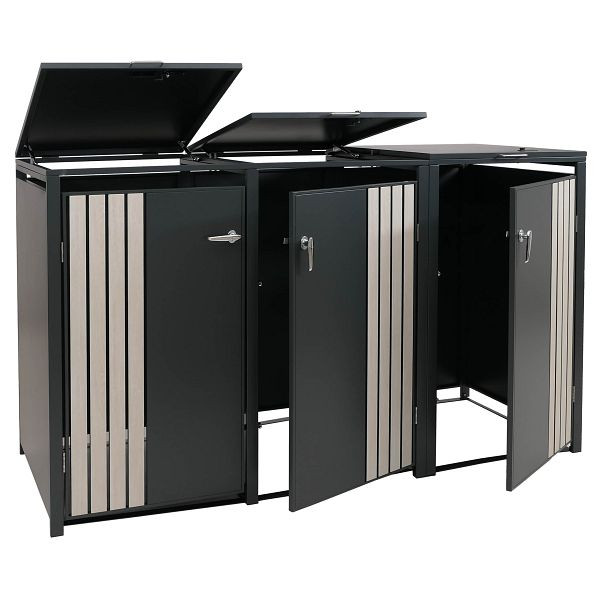 Mendler 3er-Mülltonnenverkleidung HWC-O67, Mülltonnenbox mit Deckel, Metall 122x200x84cm 83kg, anthrazit Holzoptik hell, 122341+122342+122343