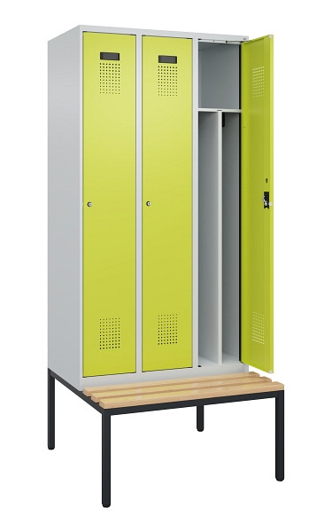 C+P Spind Evolo PLUS, 3 Abteile, 2120x900x815mm, 7035/0024, Haken 4, Zylinderschloss, Sitzfläche Buche-Hartholz, Sitzbank, 0490507-30F S10042