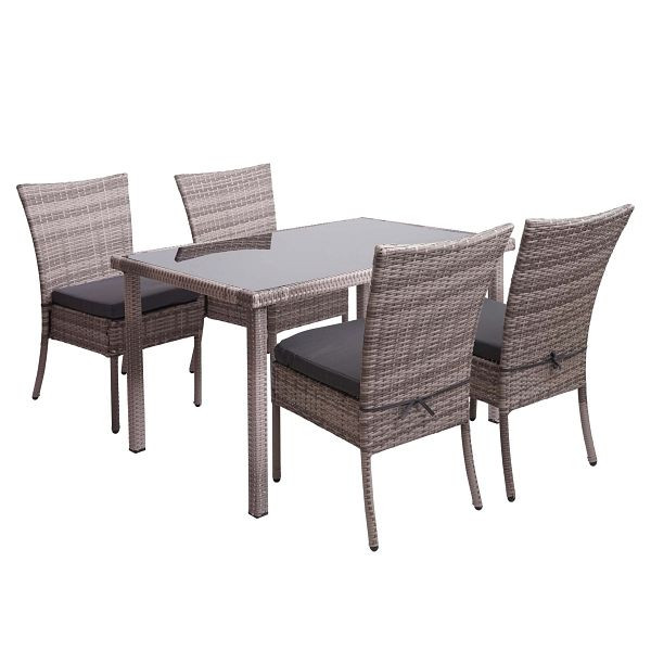 Mendler Poly-Rattan Garnitur HWC-G19, Sitzgruppe Balkon-/Lounge-Set, 4xStuhl+Tisch, 120x75cm, grau-braun, Kissen dunkelgrau, 2x76331+76325