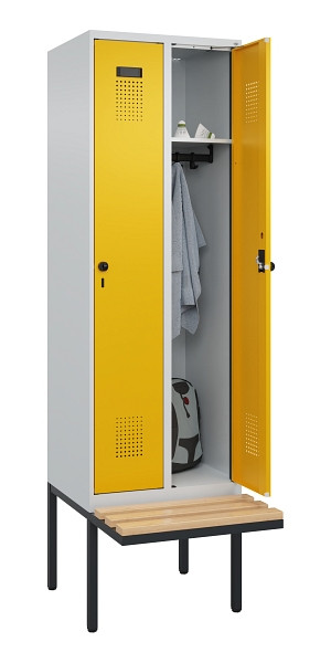 C+P Spind Evolo PLUS, 2 Abteil, 2120x600x815mm, 7035/1004, Drehriegel, Sitzfläche Holz, 0490407-20 S10000