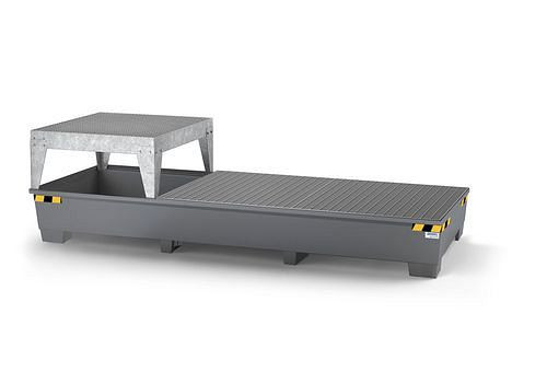 DENIOS Auffangwanne pro-line für 3 IBC, grau lackiert, 1 Abfüllbock und 2 Gitterroste, 273893