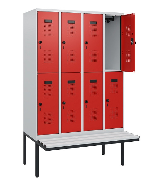 C+P Doppelstock-Spind Evolo PLUS, Bank, 8 Fächer, 1950x1200x815mm, 7035/3020, Drehriegel, Sitzfläche Kunststoff, 0493405-40 S10091