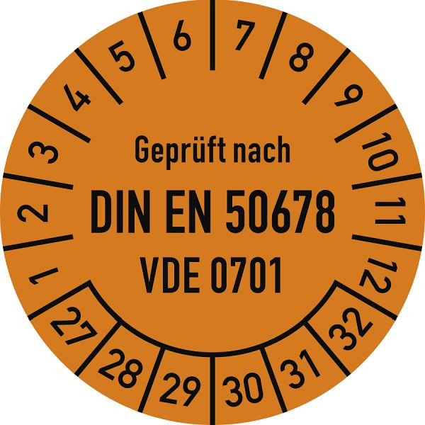 Moedel Prüfplakette DIN EN 50678, VDE 0701, 2027-2032, Folie, Ø 30mm, VE: 10 Stück/Bogen, 108552