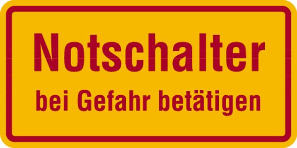 Schilder Klar Notschalter bei Gefahr betätigen, 100x50x1.5 mm Kunststoff, 204/41
