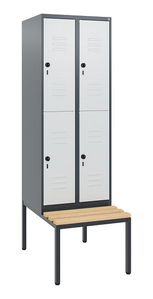 C+P Doppelstöckiger Spind Classic PLUS, 2 Abteile, 1950x600x815mm, 7016/7035, Drehriegel, Buche-Sitzleisten, mit untergebauter Sitzbank, 0803505-20 S10013