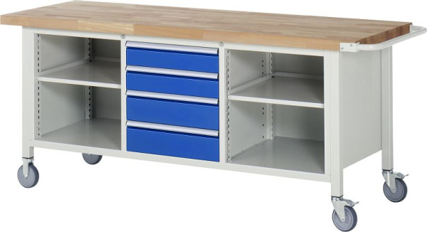 RAU Fahrbare Werkbank-Modell 8566, B2000xT700xH880-1080mm, li: Fachboden, mitte: 2x120, 2x150mm, re: Fachboden, 05-8566A2-207B4H.11