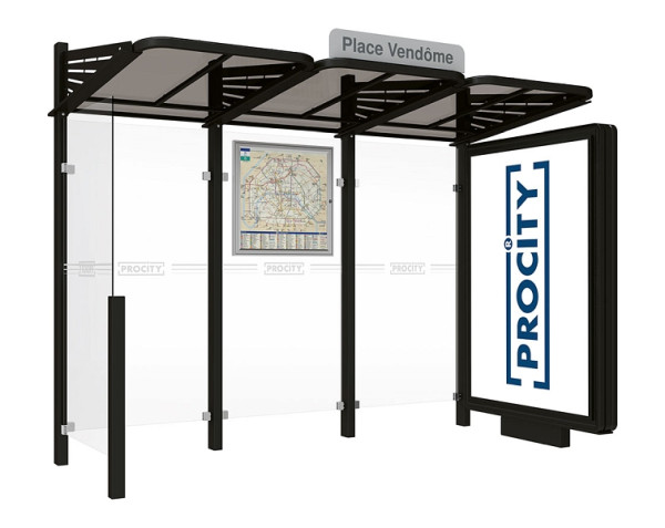 Procity Wartehalle Convi® - Standard - 1 Beleuchteter Caisson Rechts + 1 Seitenverkleidung Links, Farbe RAL 9005, 529366.9005