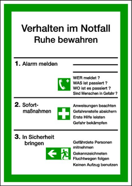 Schilder Klar Aushang Verhalten im Notfall, 210x297x1.5 mm Kunststoff langnachleuchtend, 1128/91