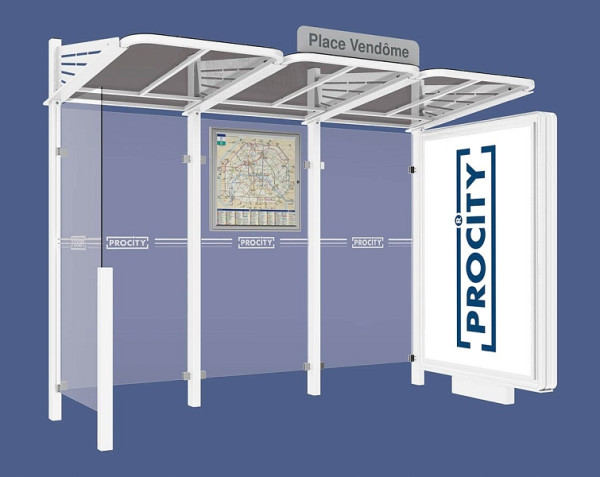 Procity Wartehalle Convi® - Standard - 1 Beleuchteter Caisson Rechts + 1 Seitenverkleidung Links, Farbe RAL 9010, 529366.9010