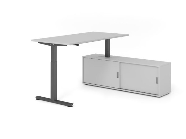 Hammerbacher Schreibtisch XMST16, 160x80cm, Platte: Grau, T-Fuß Gestell Graphit, Höhe: 71 - 120 cm, Grau / Grau, VXMST16SB/5/G/5/5