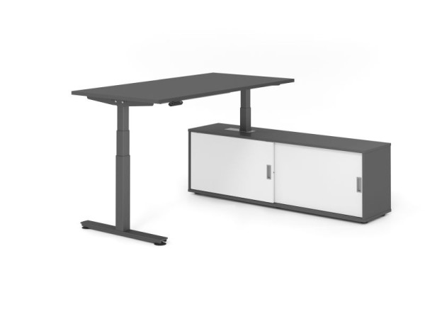 Hammerbacher Schreibtisch XDSM16, 160x80cm, Platte: Graphit, T-Fuß Gestell Graphit, Höhe: 63 - 127 cm, Graphit / Weiß, VXDSM16SB/G/G/G/W