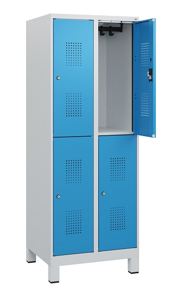 C+P Doppelstöckiger Spind Evolo PLUS, Füße, 4 Fächer, 1630x600x500mm, 7035/5012, Zylinderschloss, 0493105-20 S10031