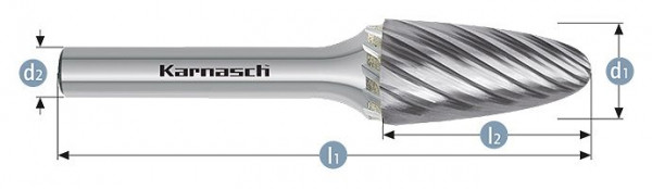Karnasch Hartmetall-Frässtift unbeschichtet RBF/ HP-9 d1= 3 / l2= 14 / d2= 3 / l1= 38mm, VE: 4 Stück, 114036005