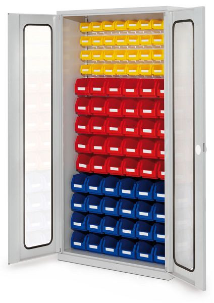Kappes RasterPlan- Schlitzplattenschrank, H1950 x B 1000 x T 410 mm RAL 7035, Modell 51, Sichtfenstertüren bestückt mit Lagersichtkästen, 1353.01.5013
