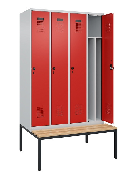 C+P Spind Evolo PLUS, 4 Abteile, 2120x1200x815mm, 7035/3020, Haken 4, Drehriegel, Sitzfläche Buche-Hartholz, Sitzbank, 0490507-40F S10005