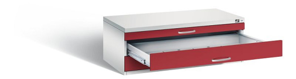 C+P Flachablageschrank Serie 7100_7200, H420xB1100xT765mm, Farbe: Lichtgrau / Rubinrot, Bügelgriff, 7100-100 S10092