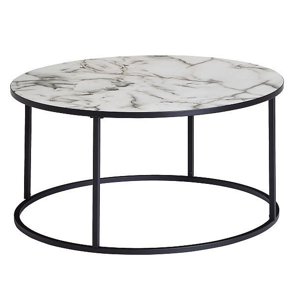 Wohnling Couchtisch Rund 80 x 40 x 80 cm mit Marmor Optik Weiß, mit Metall-Gestell Schwarz, WL6.234