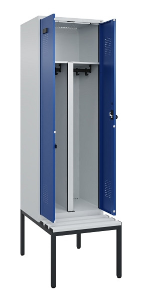 C+P PSA Doppel-Spind Evolo PLUS, Bank, 2 Abteile, 2120x600x815mm, 7035/5010, Drehriegel, Sitzfläche Kunststoff, Sitzbank, 0490527-20P S10060