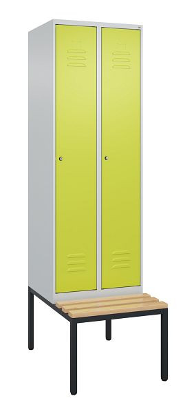 C+P Umkleidespind Classic PLUS mit Mitteltrennwand, Bank, 2 Abteile, 2120x600x815mm, 7035/0024, Zylinderschlösser, Buche-Sitzleisten, 0800507-20F S10054