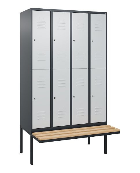 C+P Doppelstöckiger Spind Classic PLUS, 4 Abteile, 2120x1200x815mm, 7016/7035, Zylinderschlösser, Buche-Sitzleisten, Sitzfläche, 0803407-40 S10103