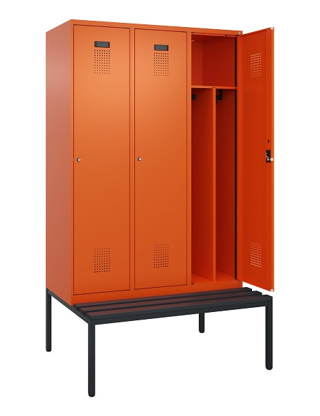 C+P Spind Evolo PLUS, 3 Abteile, 2120x1200x815mm, 2004/2004, Haken 4, Zylinderschloss, Sitzfläche Kunststoff, Sitzbank, Trennwand, 0490507-32F S10103