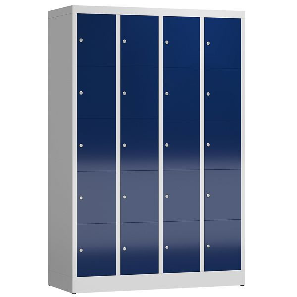 Lüllmann ClassiX Schließfachschrank, 4 Abteile à 5 Fächer, 1800 x 1185 x 500 mm, lichtgrau/enzianblau, X-520541