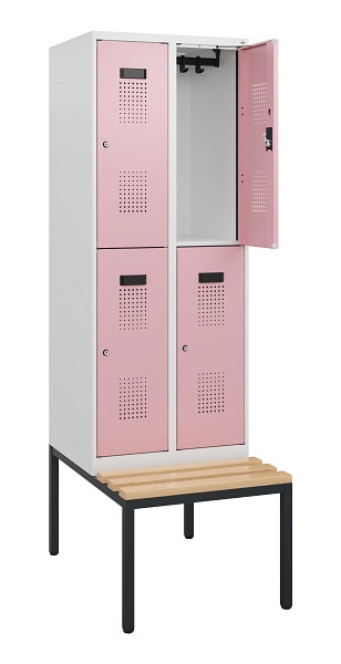C+P Doppelstöckiger Spind Evolo PLUS, Bank, 4 Fächer, 1950x600x815mm, 9016/3015, Zylinderschloss, Sitzfläche Buche-Hartholz, Sitzbank, 0493505-20 S10045
