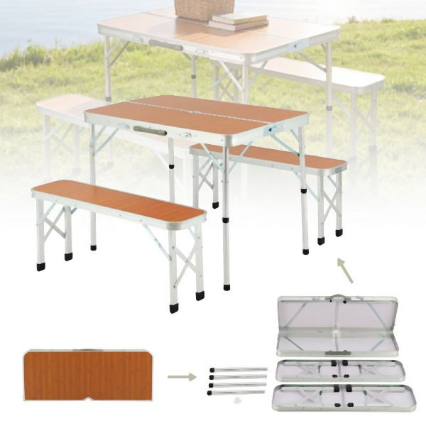 HOME NATURE WOHNKONZEPT Bierzeltgarnitur 3-teilig, klappbar & tragbar, MDF / Aluminium, 68,5x60x90cm, Holzoptik Rotbraun, Tisch & Bänke separat, YQ0123