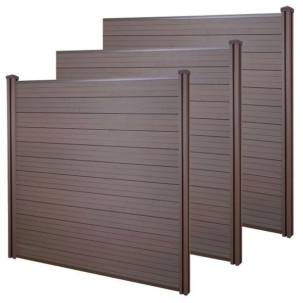 Mendler WPC-Sichtschutz Sarthe, Windschutz Zaun, WPC-Pfosten, 3er Set, 5,7m braun, 61688